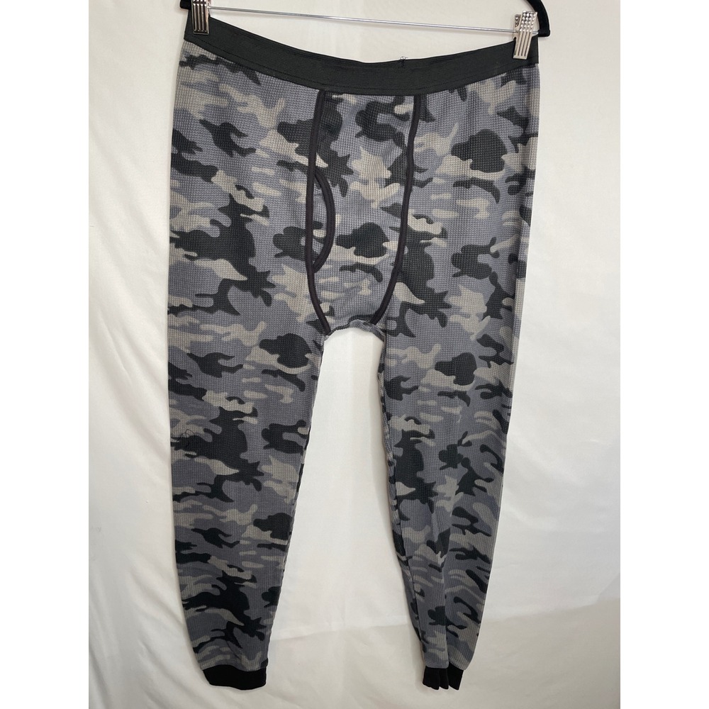 Mens XL Grey Camo Long John Pants Waffle Knit Base Layer Underwear Bottoms